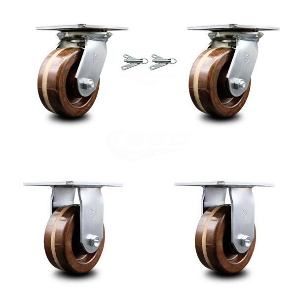 5 Inch High Temp Phenolic Caster Set with Roller Bearing 2 Swivel Lock 2 Rigid